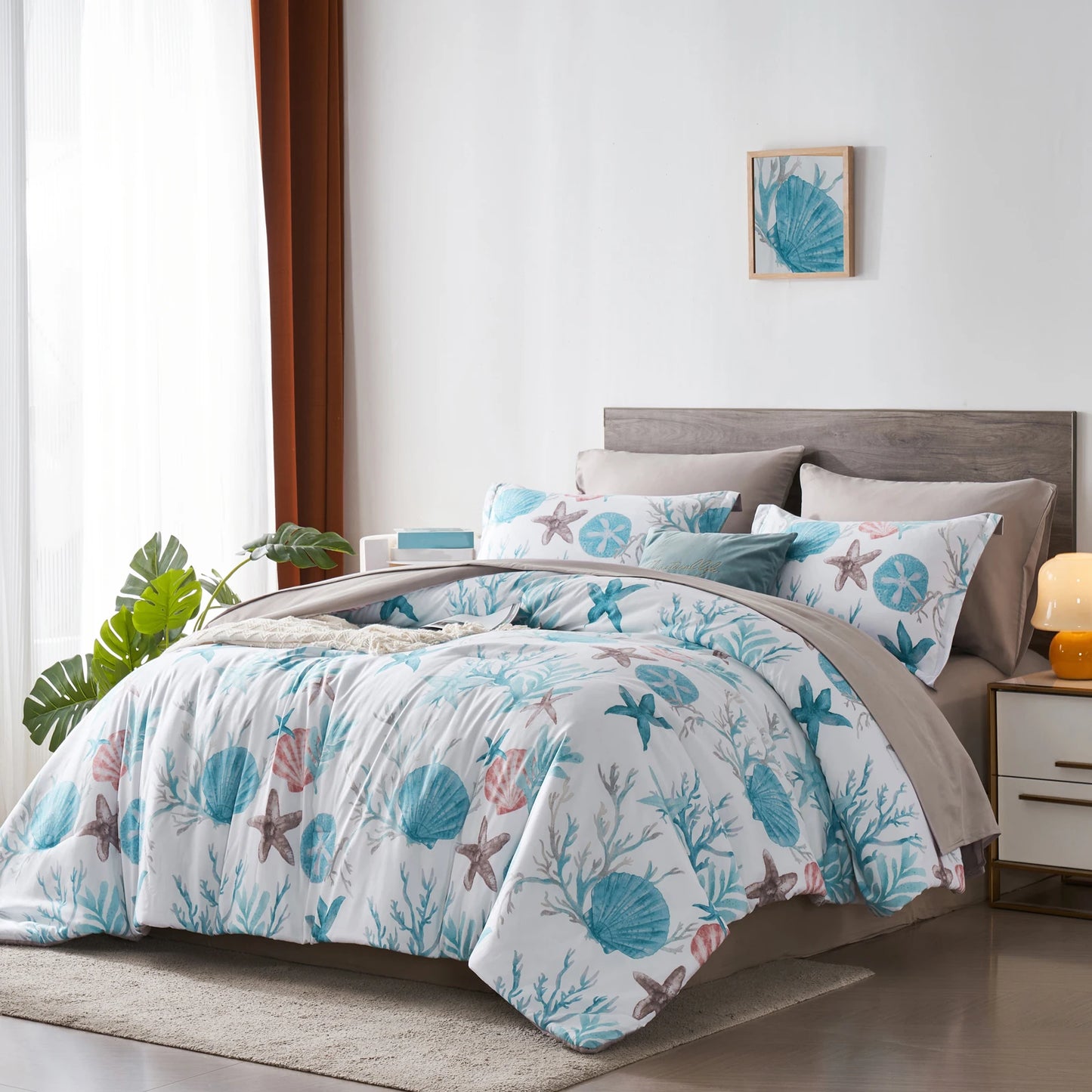7 Piece Bed In A Bag Bed Comforter Set Queen, Fashion Starfish Coral Print, Boho Print Comforter And Sheet, Pillowcase Set, - Happy Home Retreat
