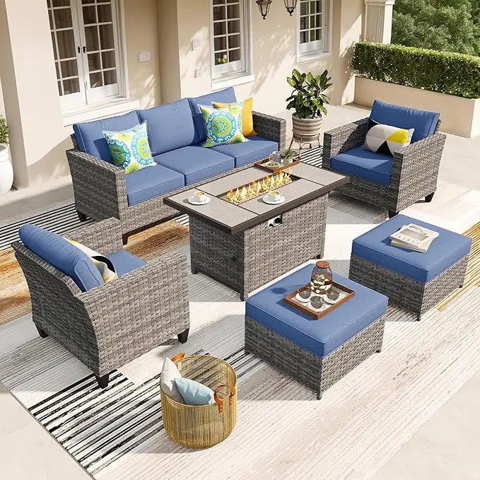 6 Pieces Patio Furniture Set with 42 Inch Fire Pit Table Outdoor Wicker Rattan Sofa Sets with Comfy Cushions Orange Red - Happy Home Retreat