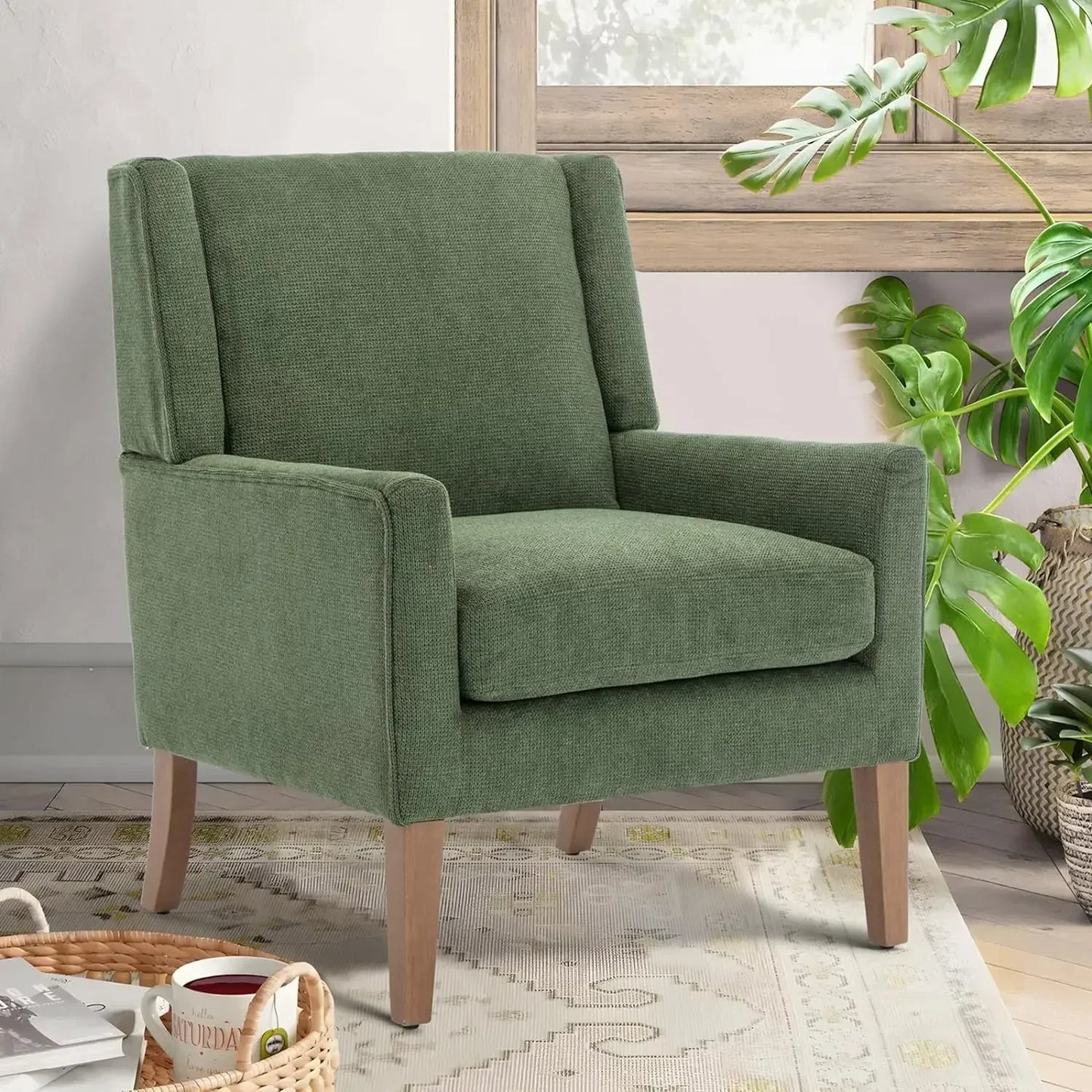 Modern Wingback Living Room Chair Upholstered Fabric Accent Armchair Single Sofa Chair With Lounge Seat And Wood Legs - Happy Home Retreat