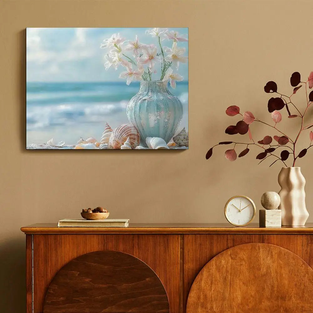 1PC Coastal Happiness Canvas Beach Scene with Flowers Starfish and Seashells for Living Room and Bedroom Wall Decoration - Happy Home Retreat