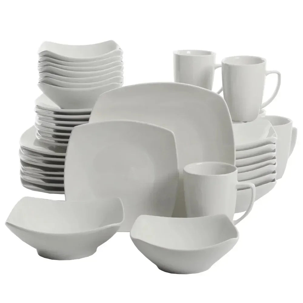 Everyday Square Expanded 40-Piece Dinnerware Set for Dining Table with Bowls and Plates - Happy Home Retreat