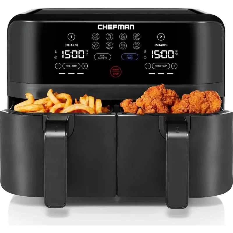Chefman 6 Quart Dual Basket Air Fryer Digital Touchscreen Smart Sync Finish Hi Fry Auto Shutoff 2 Independent 3QT Nonstick - Happy Home Retreat