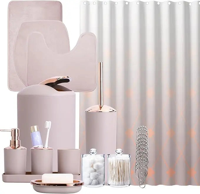 Beige Bathroom Set with Shower Curtain and Rugs 25 Pieces Complete - Trash Can, Soap Dispenser, Soap Dish, Toilet Brush, Toothbr - Happy Home Retreat
