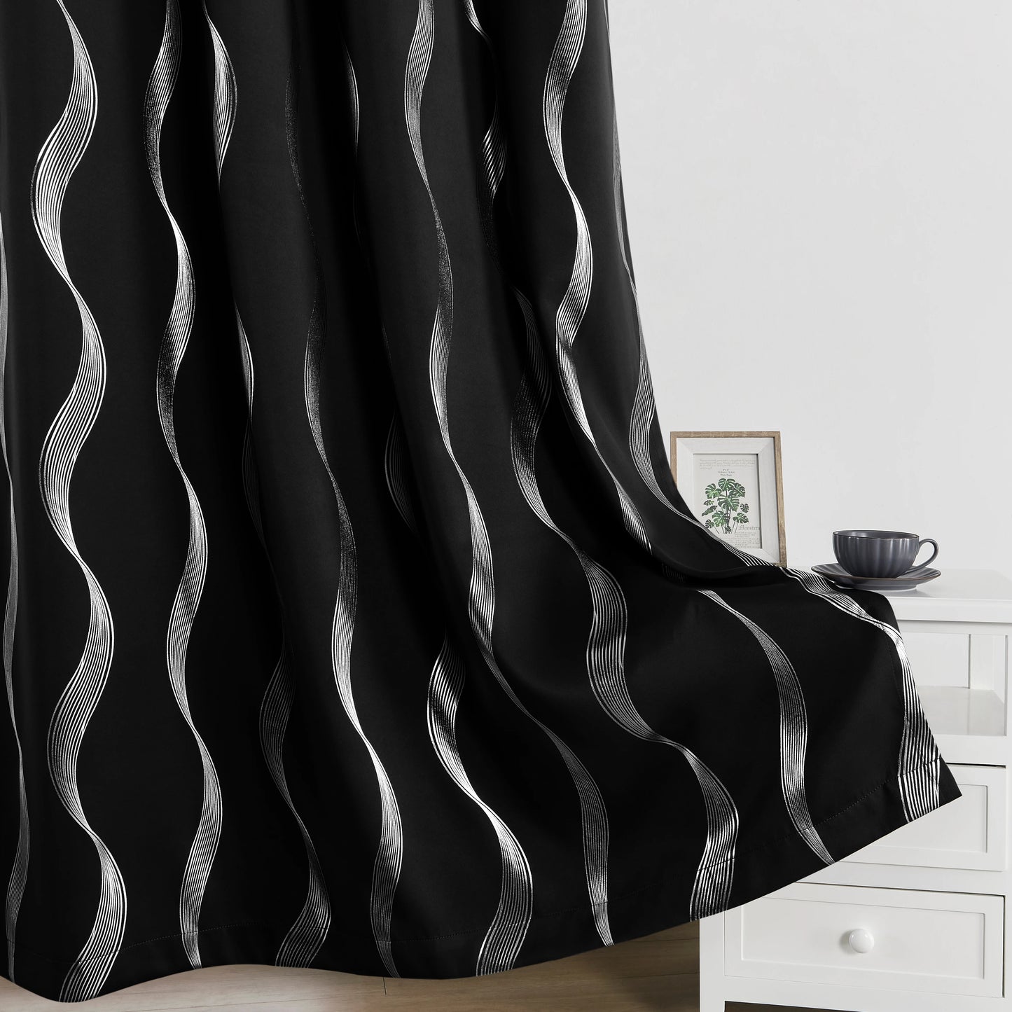 4 Pcs Blackout Curtains Grommet Thermal Insulated Room Darkening Wave Foil Printed For Bedroom - Happy Home Retreat
