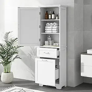 Tall Bathroom Storage Cabinet, Freestanding Storage Cabinet with 1 Door, 2 Different Size Drawers for Bathroom Living Room (Grey - Happy Home Retreat