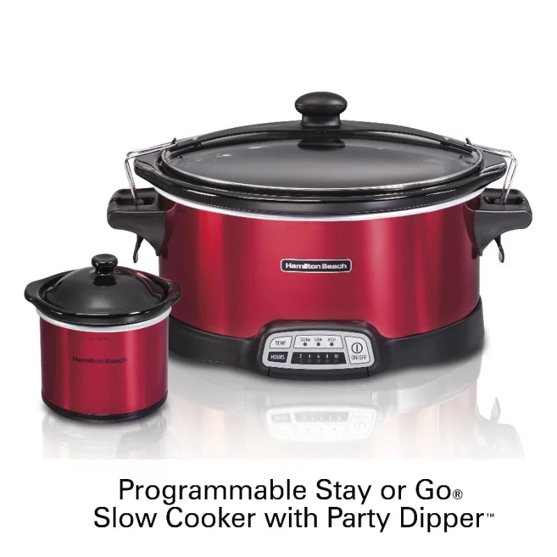 Hamilton Beach Stay or Go Programmable Slow Cooker with Party Dipper, 7 Quart Capacity, Removable Crock, Red, 33478 - Happy Home Retreat