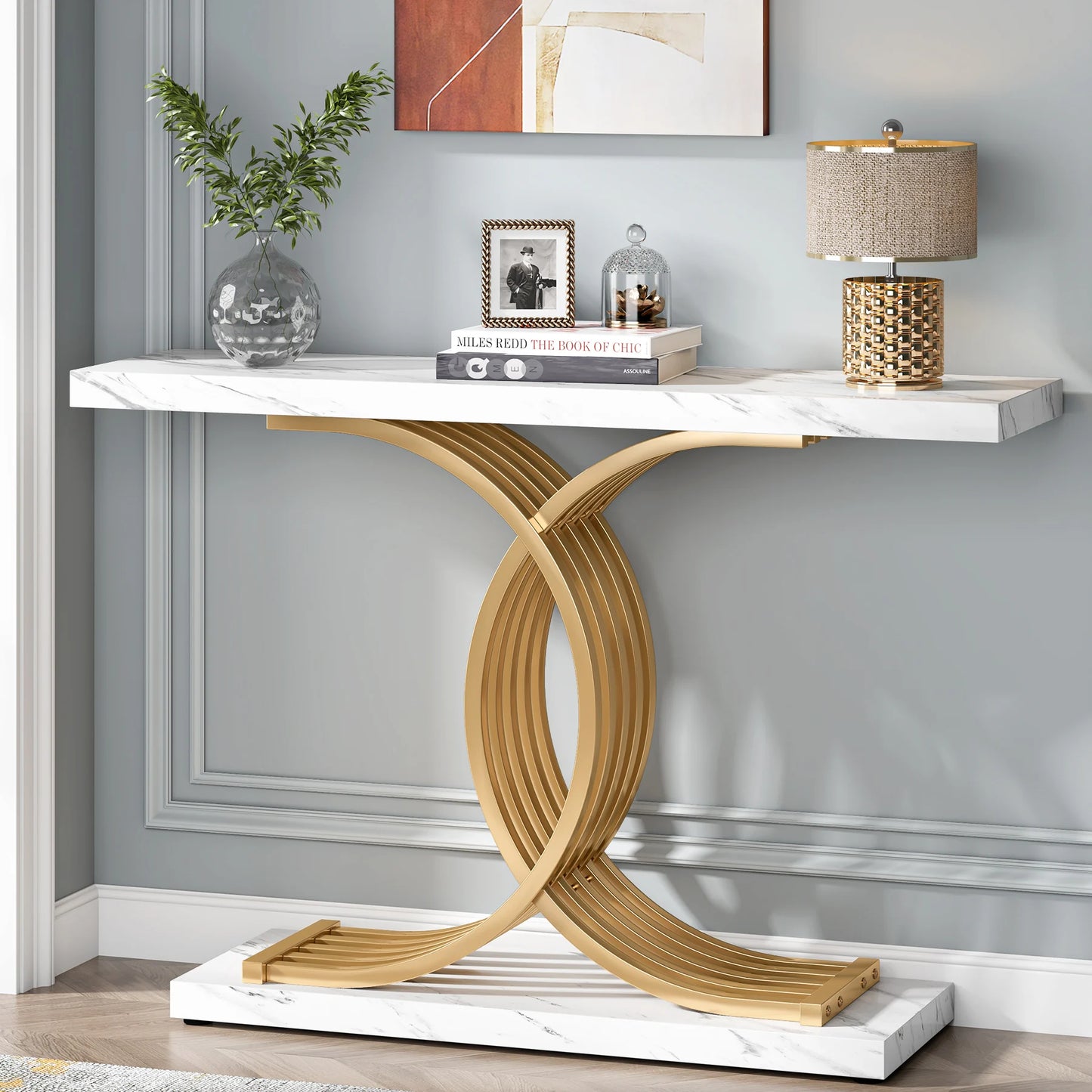 Tribesigns Gold Entryway Table Modern 39 Inch Console Faux Marble Narrow Wood Sofa with Geometric Metal Legs - Happy Home Retreat