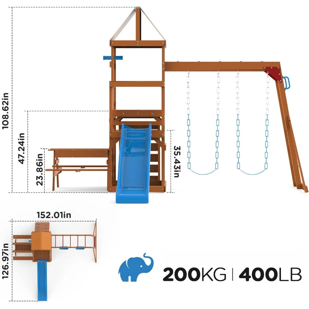 Dolphin Playground Cedar Wooden Swing Set Outdoor Playset with Wave Slide Climbing Wall and 2 Belt Swings - Happy Home Retreat