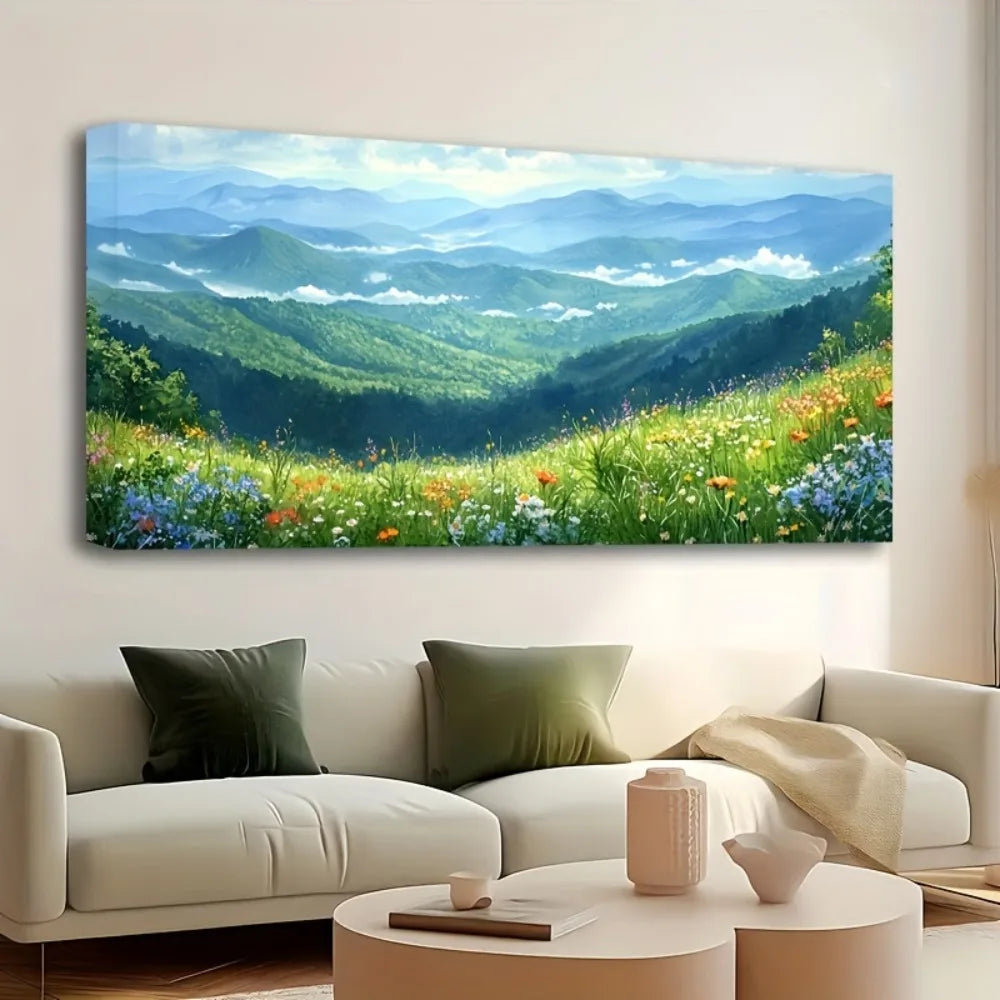 1.5 Inch Thick Pine Solid Wood Frame Forest Mural Landscape Modern Indigo Green Mountain Fog Art - Happy Home Retreat