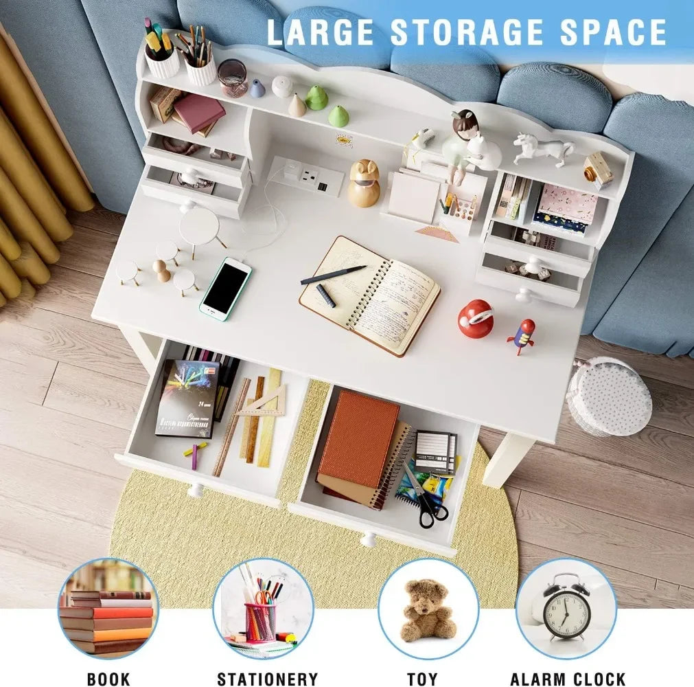 Small White Writing Desk with Hutch and USB Ports 31.5 Inch Home Office Desk with Drawers Study Table for Kids and Students - Happy Home Retreat