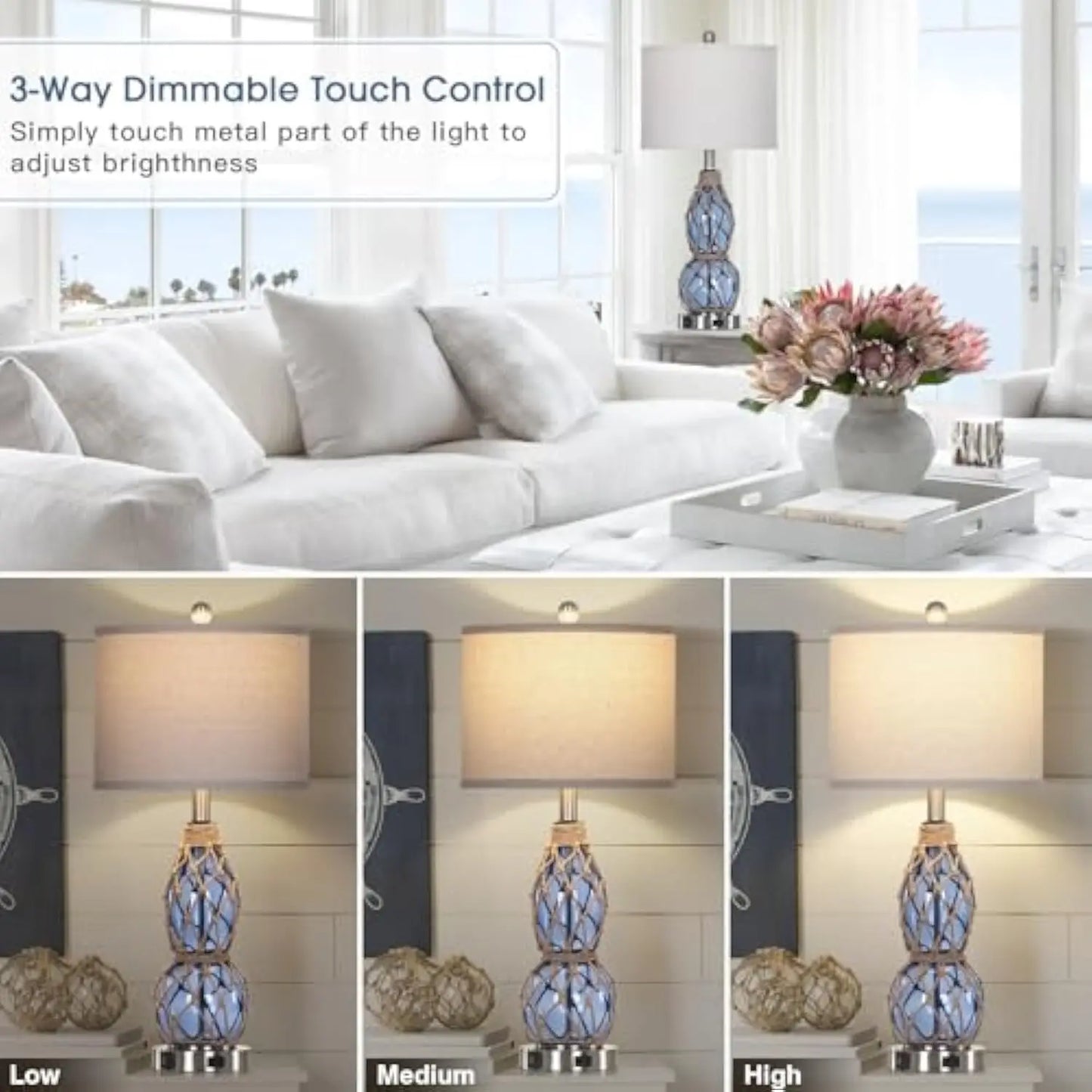 26 Coastal Glass Table Lamps Set of 2 3 Way Dimmable Touch Lamps with USB Ports and AC Outlet Nautical Bedside Lamps for Bedroom - Happy Home Retreat