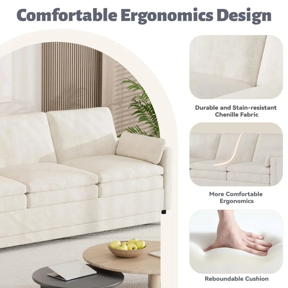 89" Sofa Couch for Living Room 3 Seats Chenille Futon Sofa with 2 Removable Pillows, Cream White - Happy Home Retreat