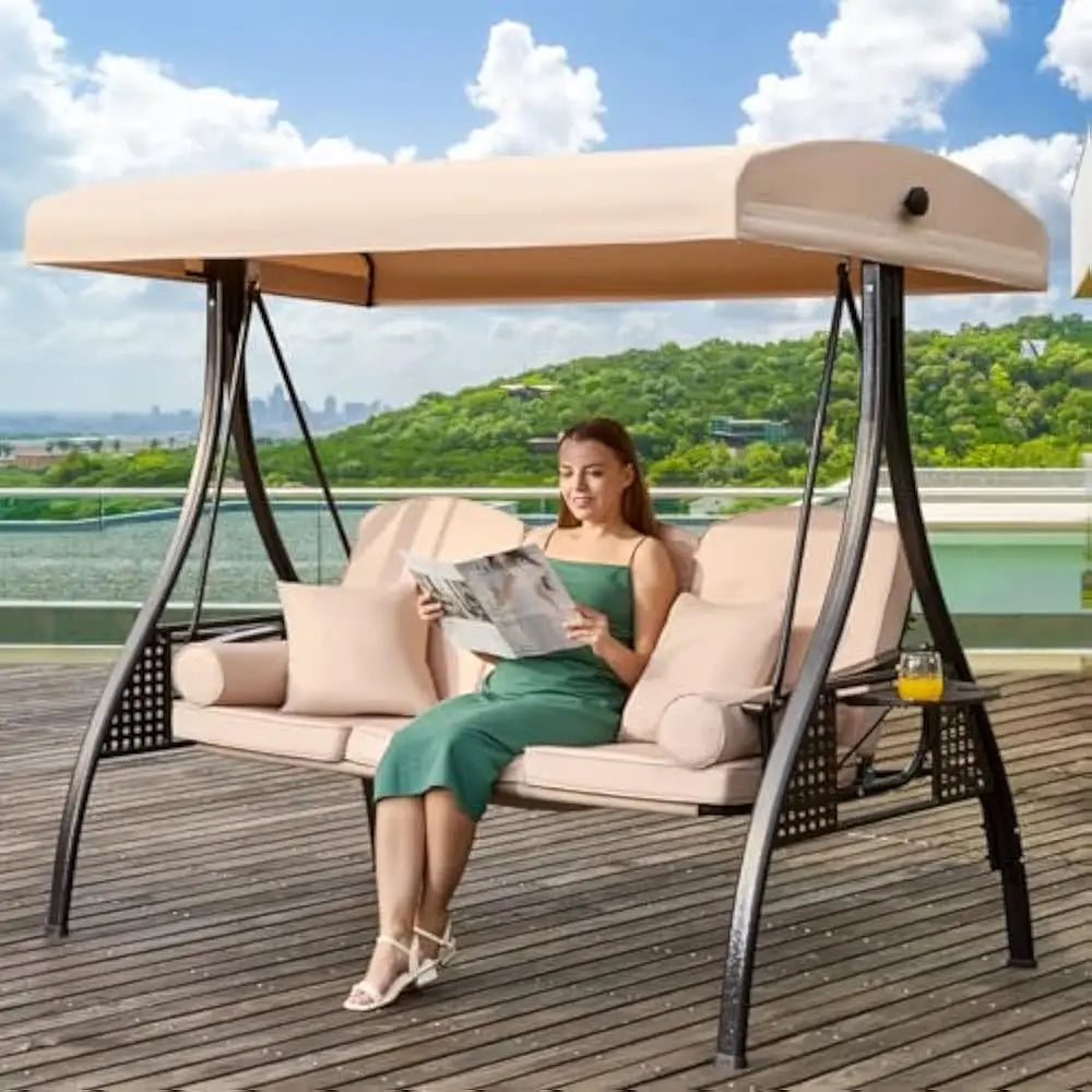 3 in 1 Outdoor Porch Swing with Adjustable Canopy and Thick Cushions for 3 Seats with Pillows and Cup Holders for Backyard and Garden - Happy Home Retreat