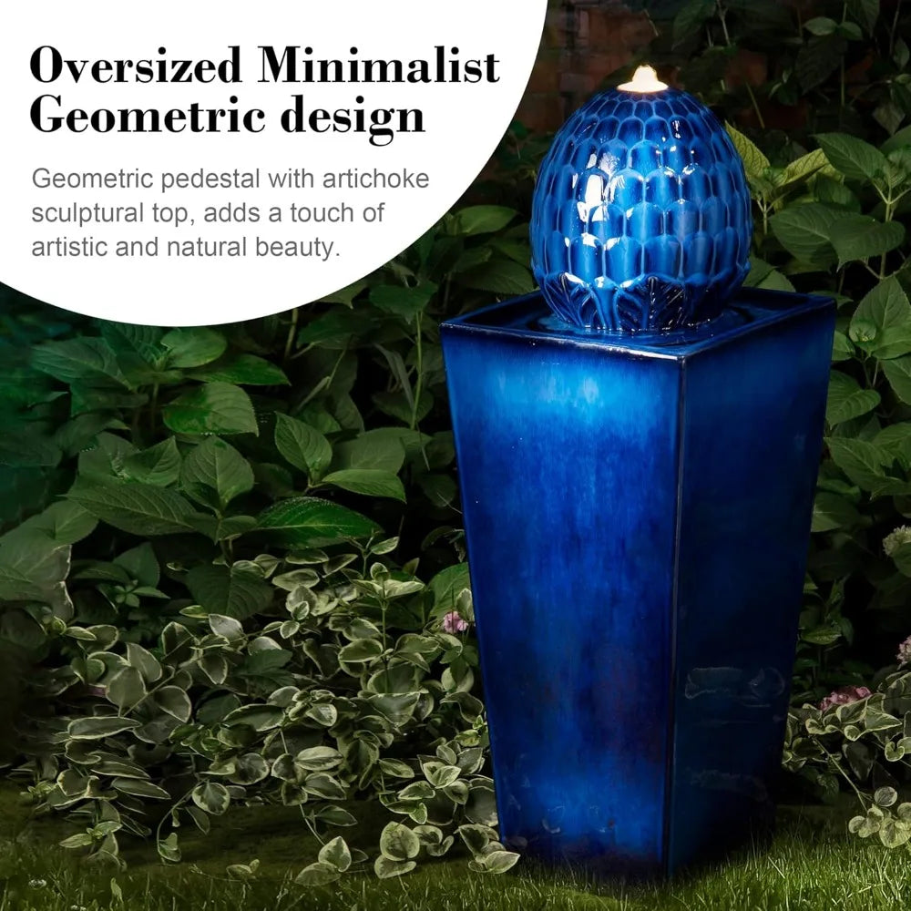 Ceramic Outdoor Water Fountain With LED Light Oversized Artichoke Pedestal Water Fountain With Submersible Pump Patio Fountain - Happy Home Retreat