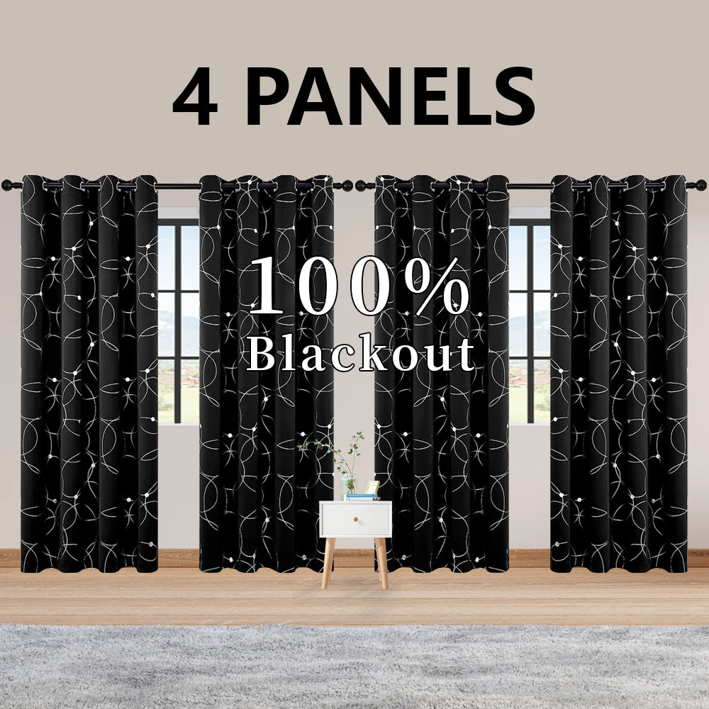 4PCS Blackout Curtains Grommet Thermal Insulated Room Darkening with Circle and Dots Foil Printed for Bedroom - Happy Home Retreat