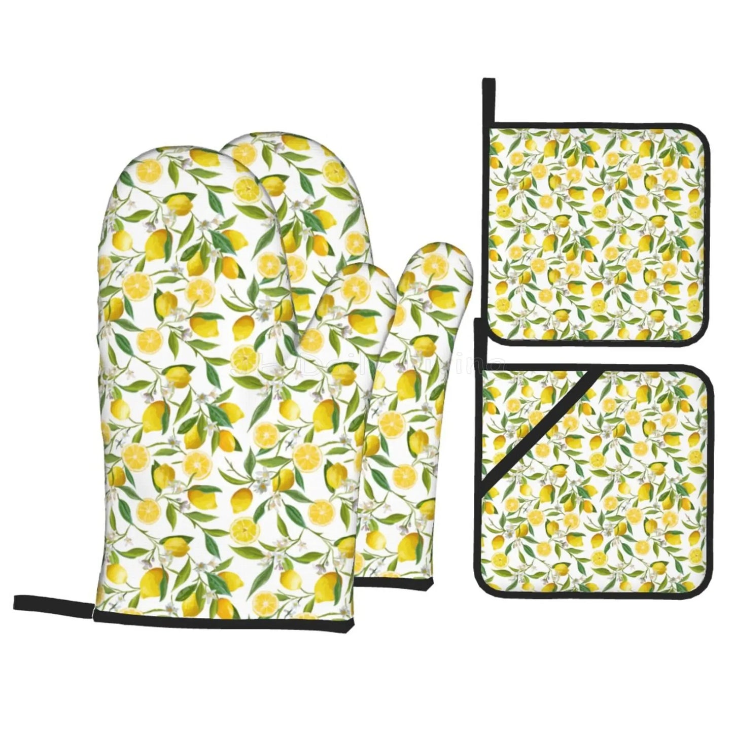 Bright Yellow Lemons Oven Mitts and Pot Holders Set of 4 Non-Slip Hot Pads for Cooking Baking Grilling - Happy Home Retreat