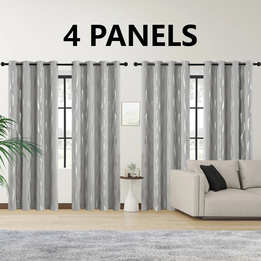 4 Pcs Blackout Curtains Grommet Thermal Insulated Room Darkening Wave Foil Printed For Bedroom - Happy Home Retreat