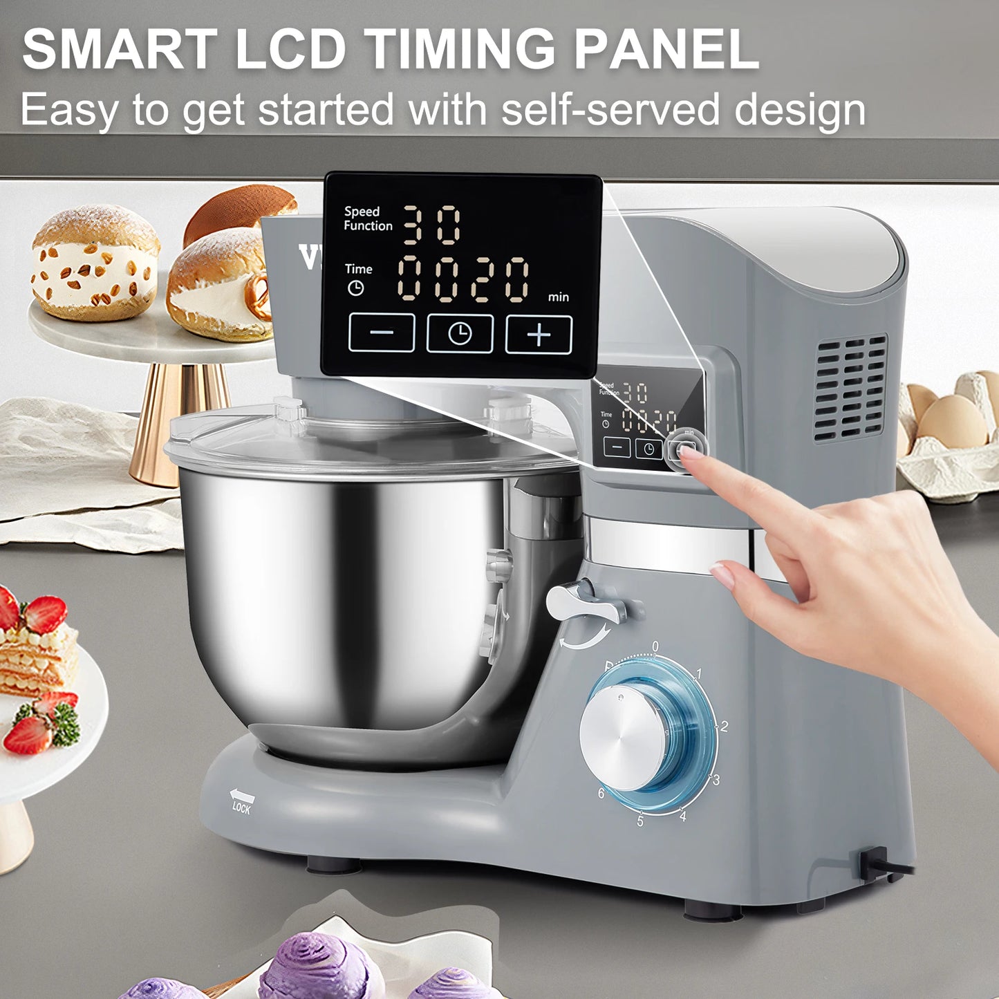 VEVOR Stand Mixer 660W Electric Dough Mixer with 6 Speeds LCD Screen Timing 5.8 Qt Stainless Steel Bowl Dough Hook Flat Beater - Happy Home Retreat