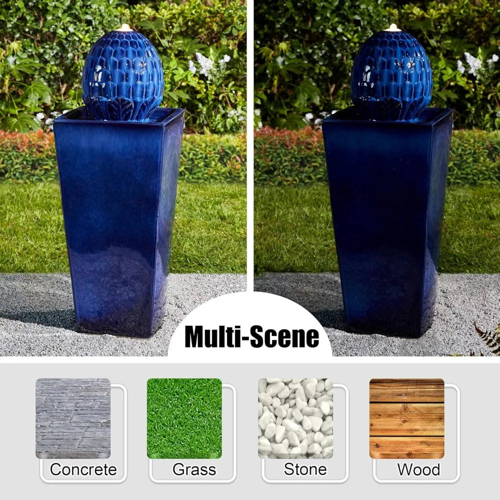 Ceramic Outdoor Water Fountain With LED Light Oversized Artichoke Pedestal Water Fountain With Submersible Pump Patio Fountain - Happy Home Retreat