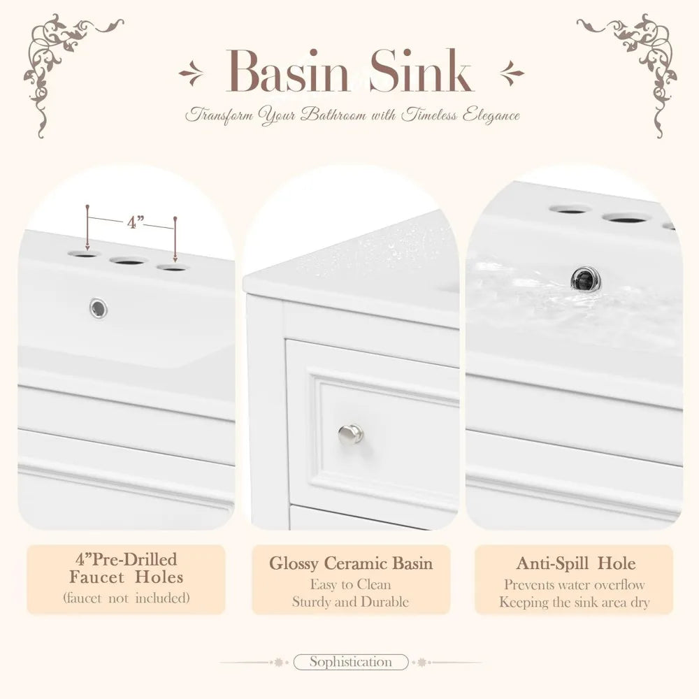 36 Inch Bathroom Vanity with Sink Farmhouse Bathroom Vanity Storage Cabinet with 4 Drawers and Open Shelf Solid Wood Frame - Happy Home Retreat