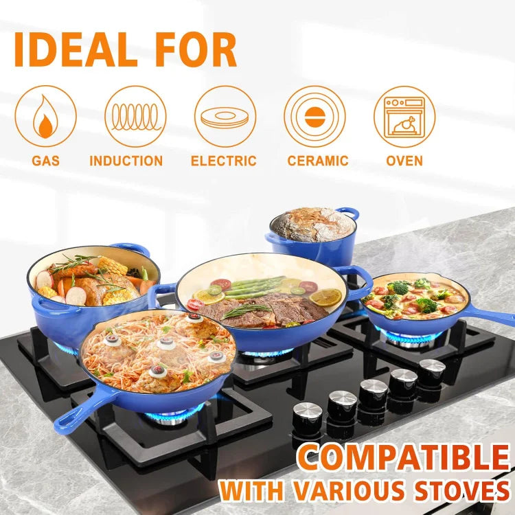 Enameled Cast Iron Cookware Set, 8 Piece of Casserole, Dutch Ovens, Skillet and 3 Lids, Ceramic Coated Cast Iron Dutch O - Happy Home Retreat