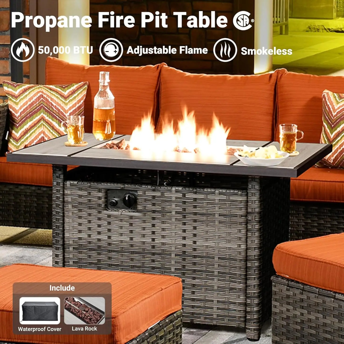 6 Pieces Patio Furniture Set with 42 Inch Fire Pit Table Outdoor Wicker Rattan Sofa Sets with Comfy Cushions Orange Red - Happy Home Retreat