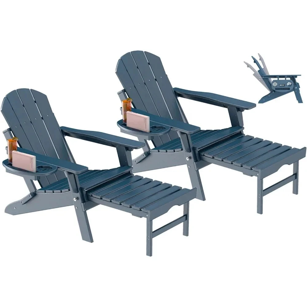 Adjustable Adirondack Chair Set of 2 with Retractable Footrest and Cup Holder Foldable Outdoor Furniture - Happy Home Retreat