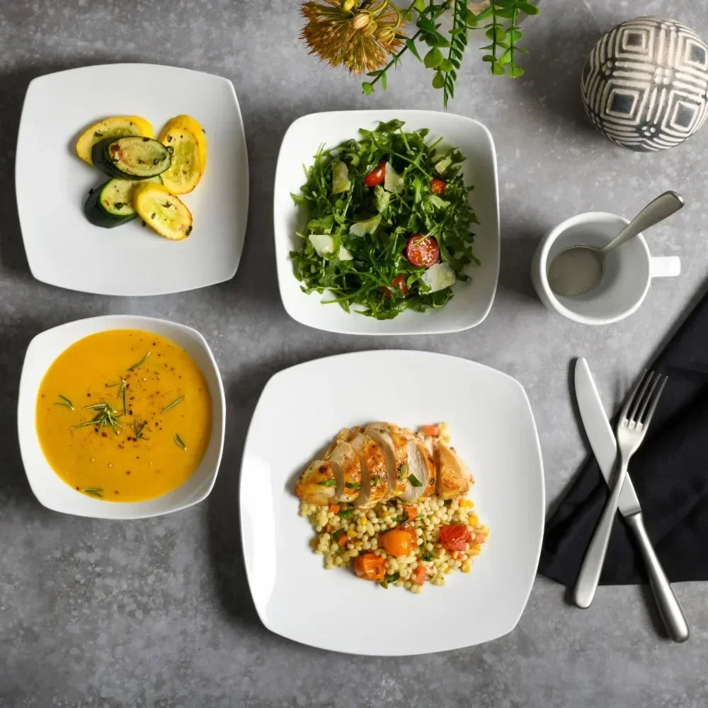 Everyday Square Expanded 40-Piece Dinnerware Set for Dining Table with Bowls and Plates - Happy Home Retreat