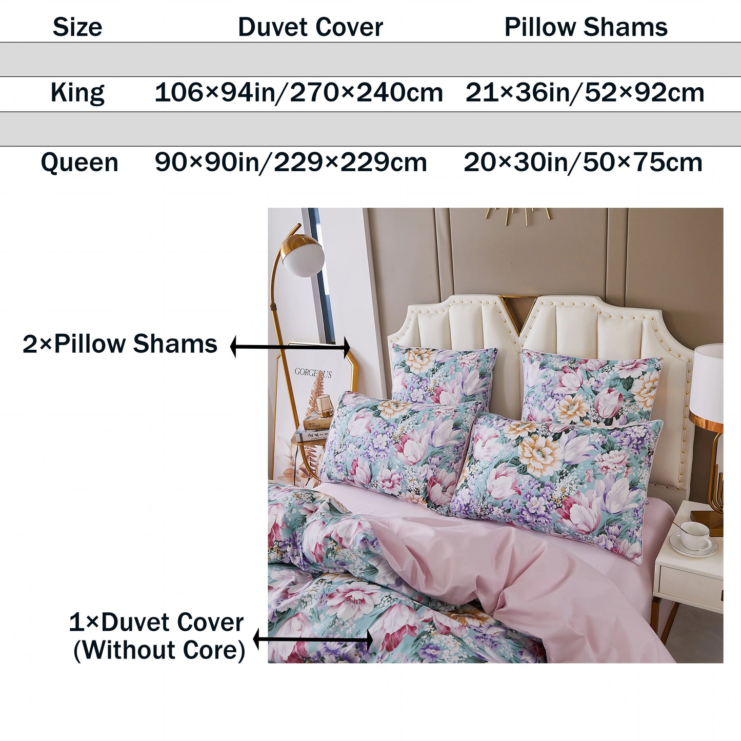 3pcs 600TC 100% Egyptian Cotton Duvet Cover Set, Pastel Pink Blue Garden Floral, Soft Skin-Friendly (No Inserts) - Happy Home Retreat