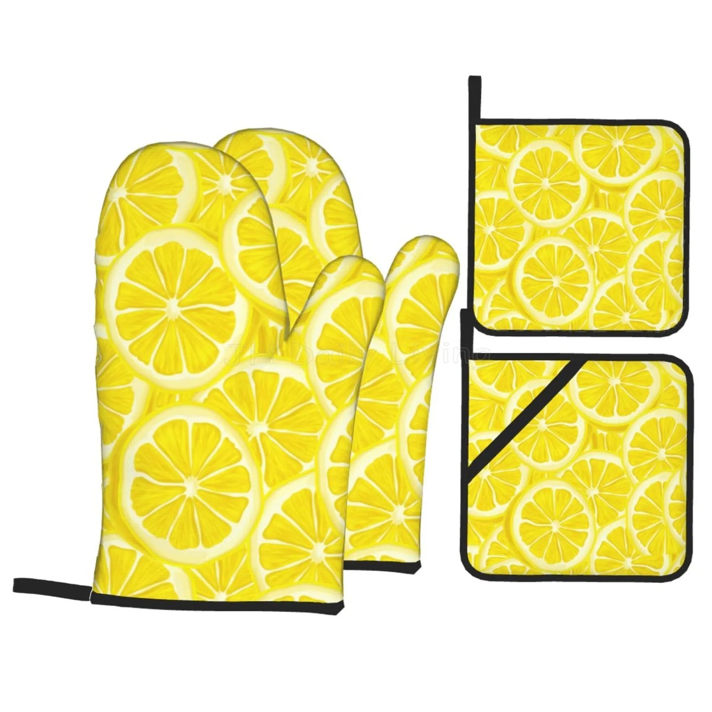 Bright Yellow Lemons Oven Mitts and Pot Holders Set of 4 Non-Slip Hot Pads for Cooking Baking Grilling - Happy Home Retreat