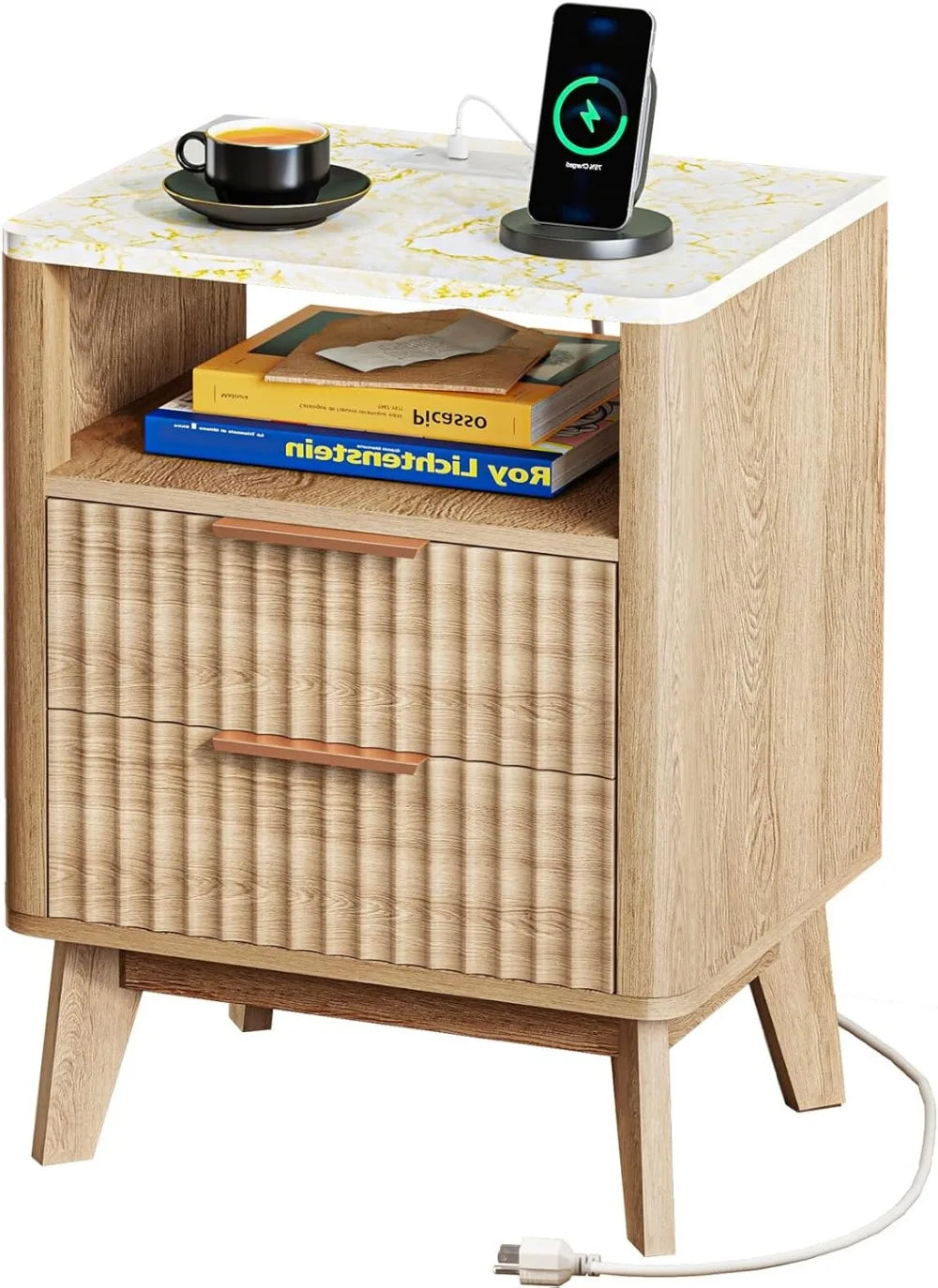 Fluted Nightstand with Charging Station, 2 Wood Drawers, Faux Marble Top - Happy Home Retreat