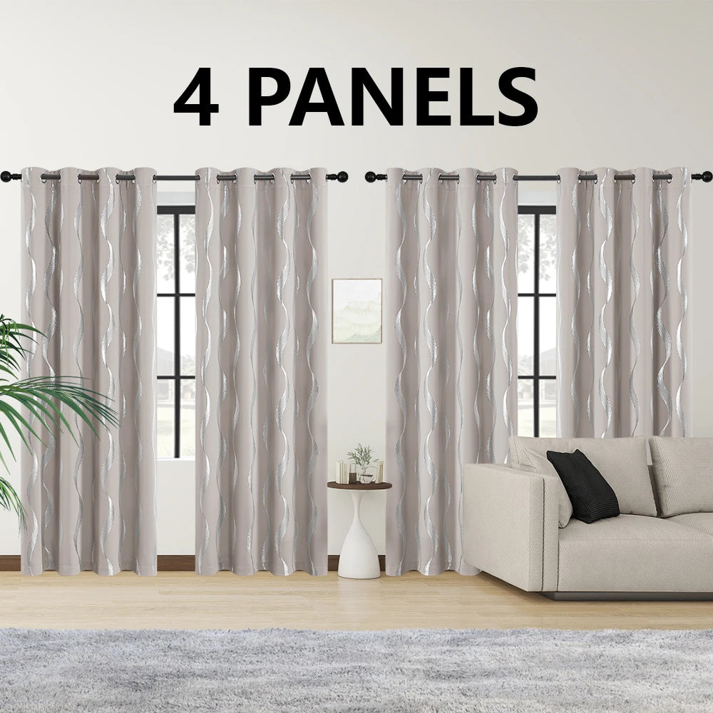 4 Pcs Blackout Curtains Grommet Thermal Insulated Room Darkening Wave Foil Printed For Bedroom - Happy Home Retreat