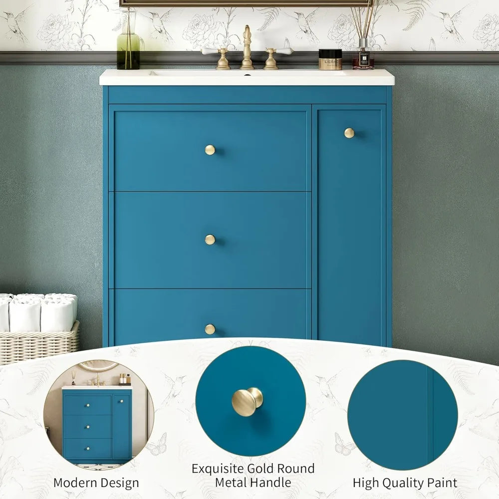 30 Inch Bathroom Vanity with Ceramic Sink, Modern Bathroom Storage Cabinet with 2 Drawers and 1 Pull-Out Cabinet, Freestanding B - Happy Home Retreat