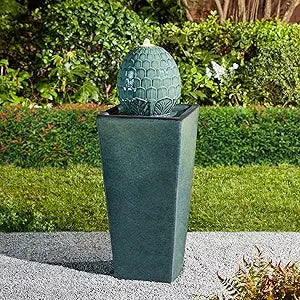 Ceramic Outdoor Water Fountain With LED Light Oversized Artichoke Pedestal Water Fountain With Submersible Pump Patio Fountain - Happy Home Retreat