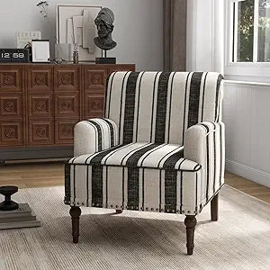 Stripe Accent Chair Modern Upholstered Fabric Armchair Nailhead Trim Club Chair Comfy Single Sofa - Happy Home Retreat
