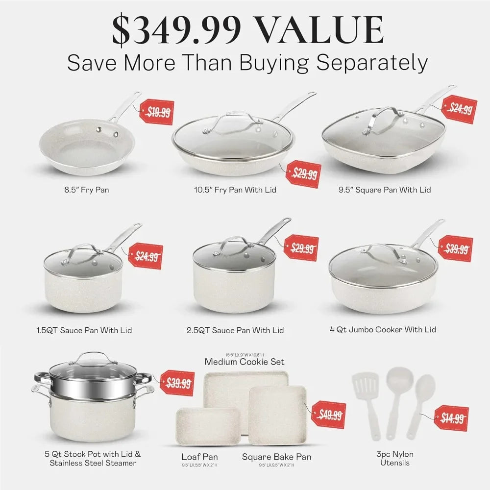 Granitestone 20 Piece Ceramic Cookware Set Nonstick Premium Pots and Pans Set for Kitchen with Bakeware and Cooking Utensils - Happy Home Retreat