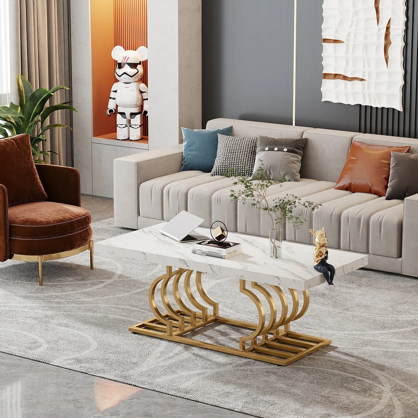 Tribesigns Coffee Table 47 Inches Faux Marble Cocktail Table with Geometric Frame - Happy Home Retreat