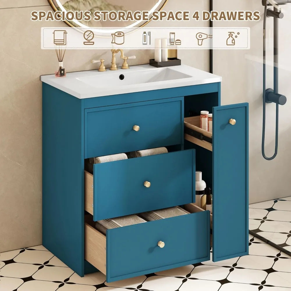 30 Inch Bathroom Vanity with Ceramic Sink, Modern Bathroom Storage Cabinet with 2 Drawers and 1 Pull-Out Cabinet, Freestanding B - Happy Home Retreat