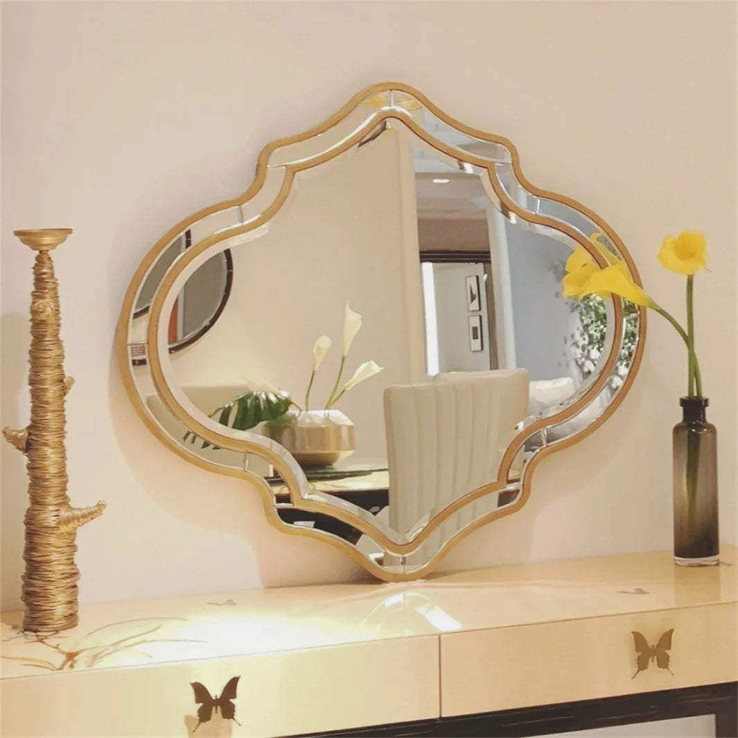 Large Gold Wall Mirror with Glass Frame Golden Rim Modern Art Accent for Living Room and Hallway Home Decor - Happy Home Retreat