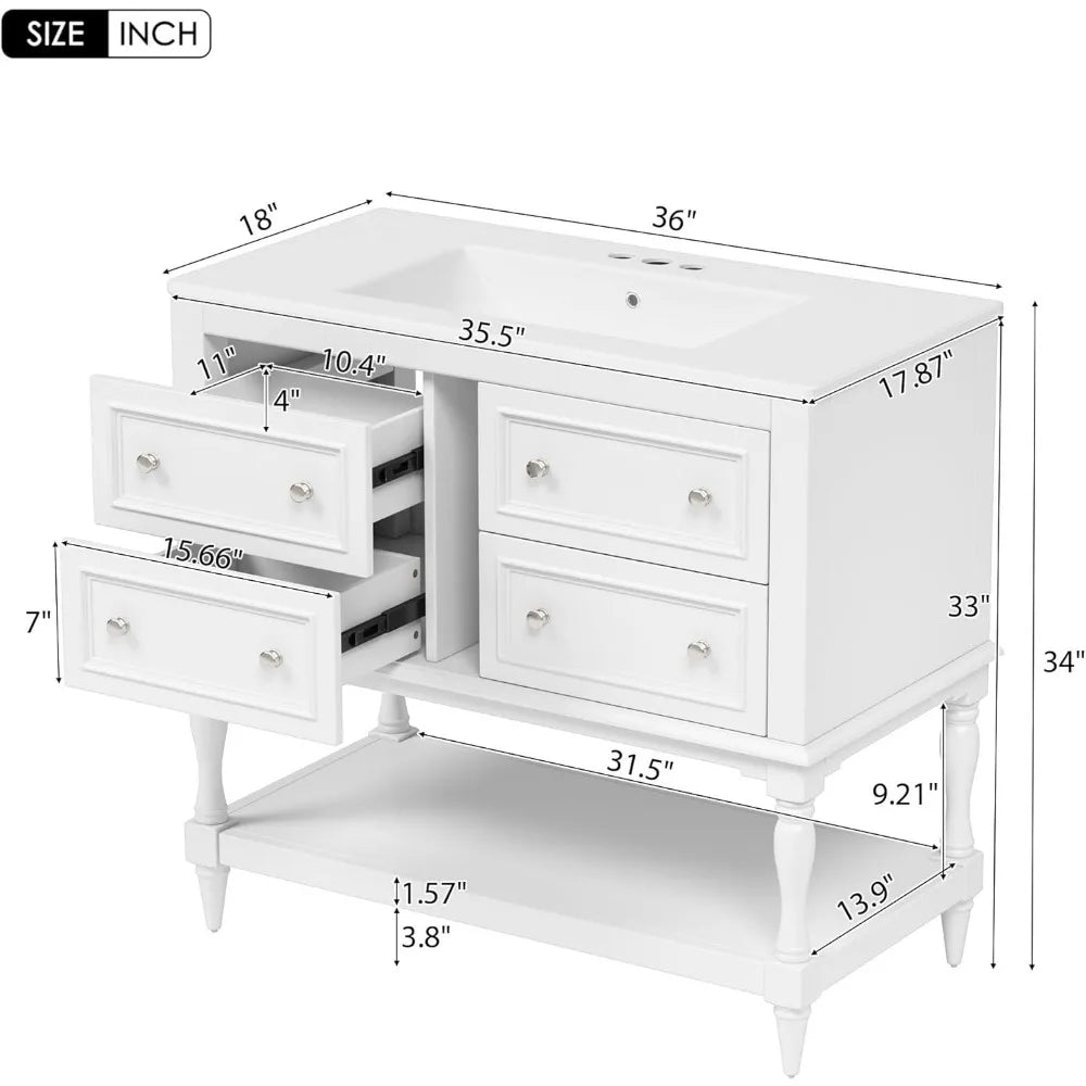36 Inch Bathroom Vanity with Sink Farmhouse Bathroom Vanity Storage Cabinet with 4 Drawers and Open Shelf Solid Wood Frame - Happy Home Retreat