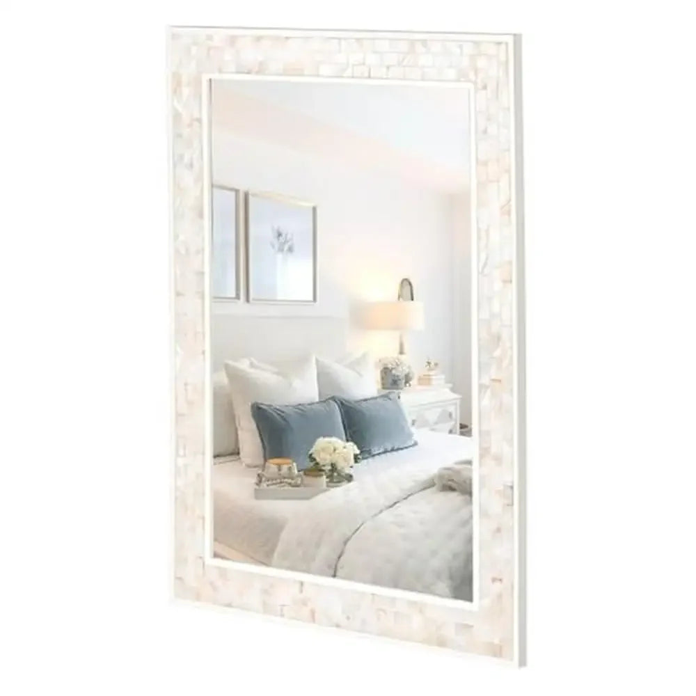 Rectangle Mother of Pearl Framed Wall Mirror 20x28 Inches Tempered Glass Coastal Style for Bathroom Bedroom Living Room Entryway - Happy Home Retreat