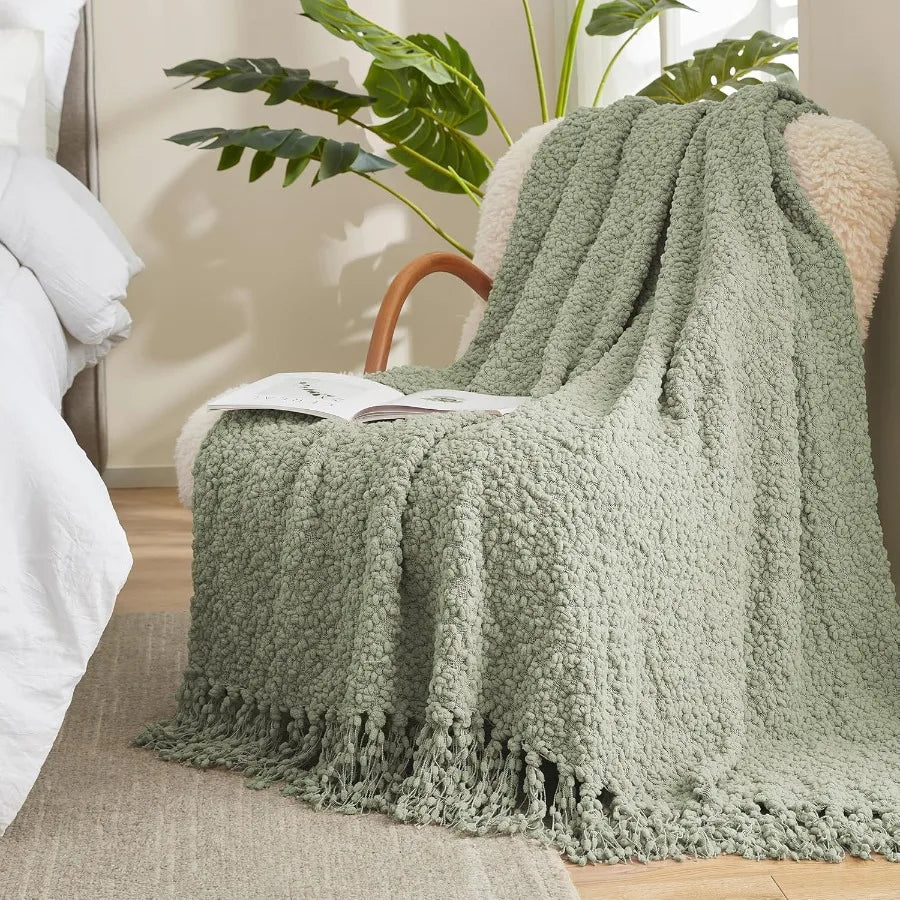 Home Knit Throw Blanket with Tassels for Couch Luxury Boho Throw Blanket Summer Sage Green 50x60 - Happy Home Retreat