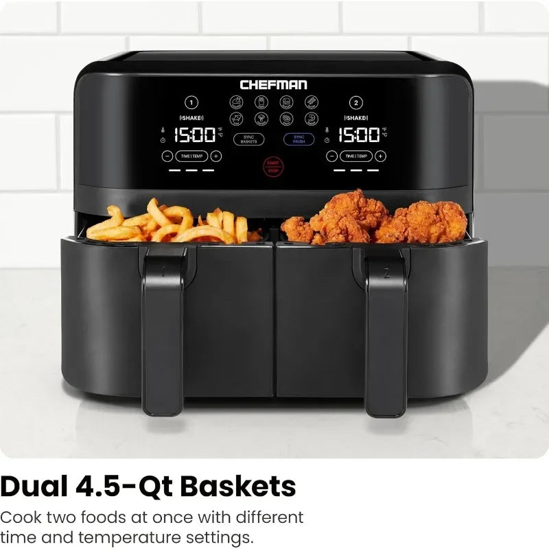 Chefman 6 Quart Dual Basket Air Fryer Digital Touchscreen Smart Sync Finish Hi Fry Auto Shutoff 2 Independent 3QT Nonstick - Happy Home Retreat