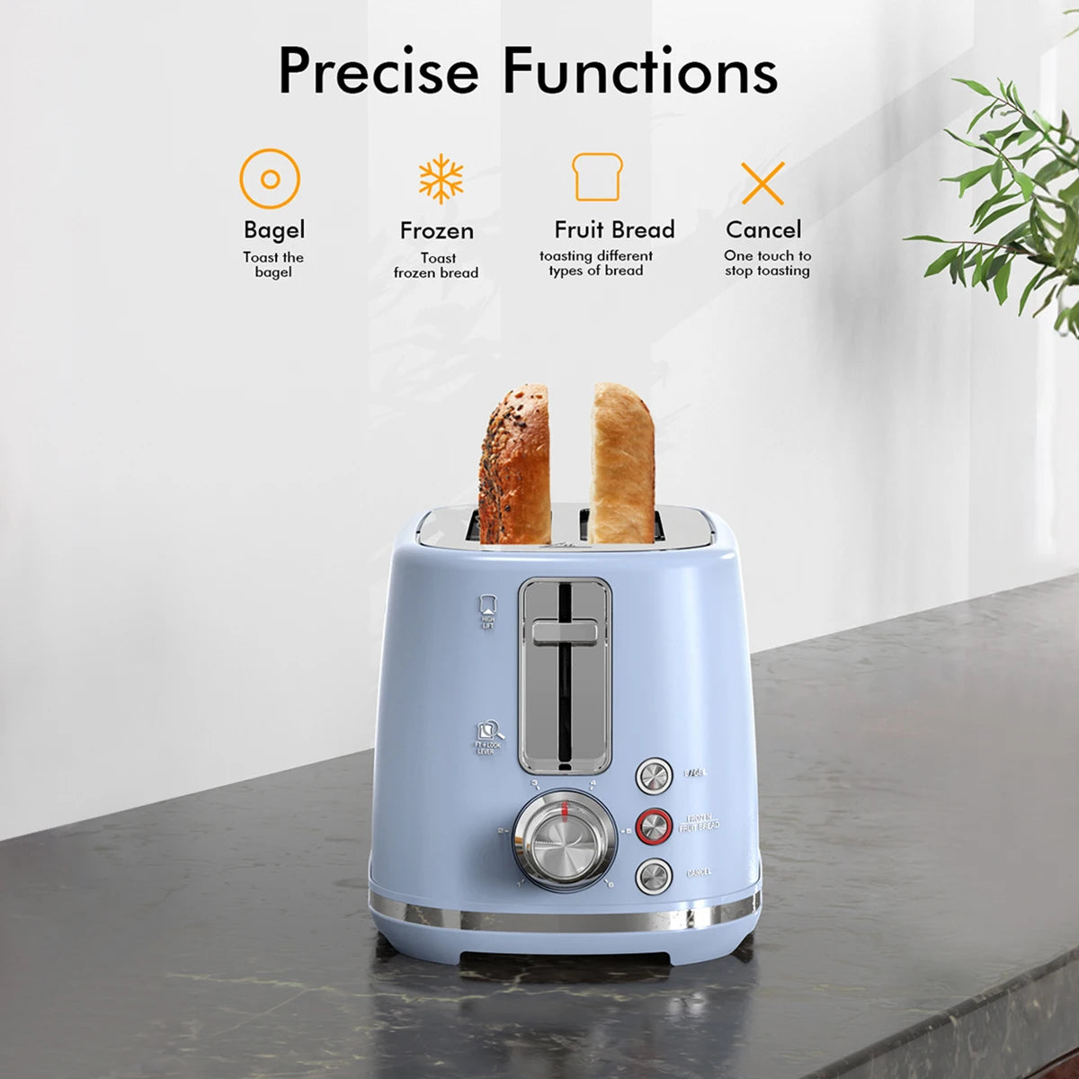 2 Slice Toaster with 1.5 Inch Extra Wide Slots and Removable Crumb Tray Six Browning Settings Auto Shut Off and Frozen Function Blue - Happy Home Retreat
