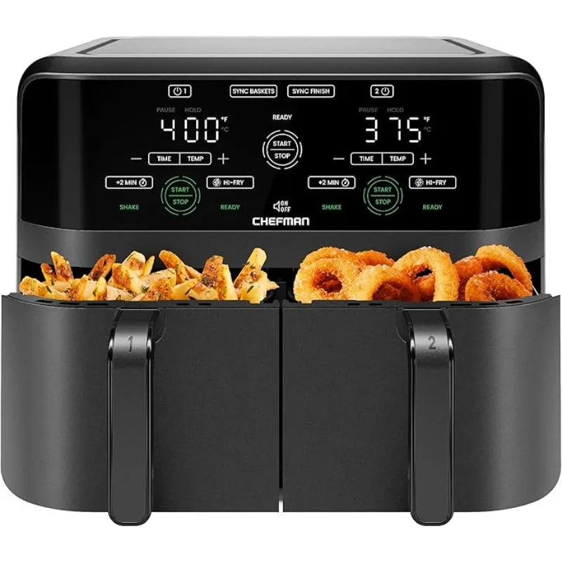Chefman 6 Quart Dual Basket Air Fryer Digital Touchscreen Smart Sync Finish Hi Fry Auto Shutoff 2 Independent 3QT Nonstick - Happy Home Retreat