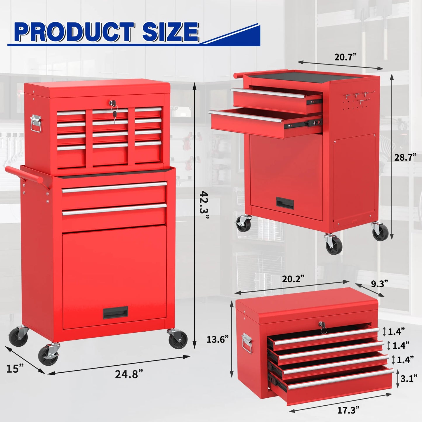 43.9 Inch 6 Drawer Rolling Tool Chest Red - Happy Home Retreat