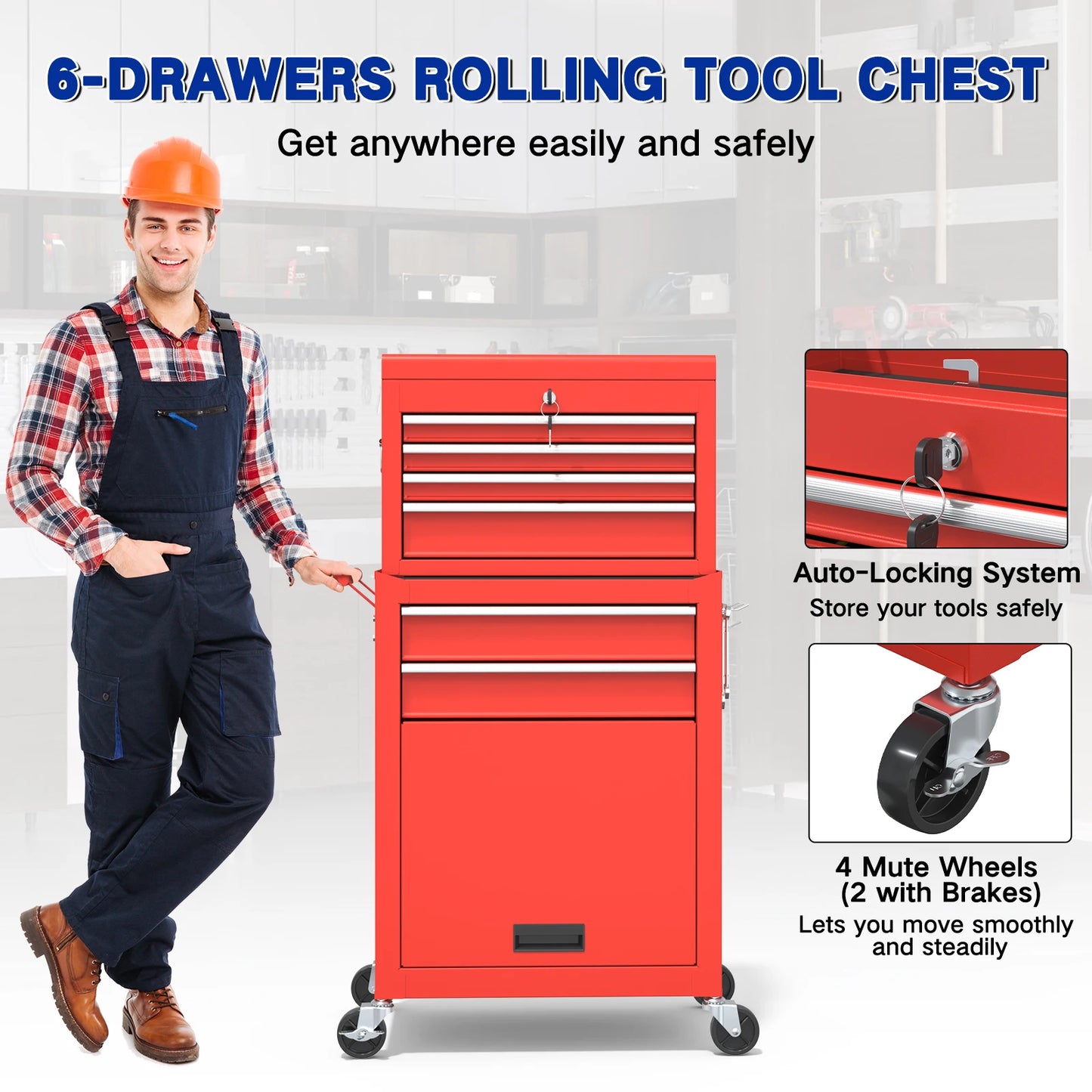 43.9 Inch 6 Drawer Rolling Tool Chest Red - Happy Home Retreat