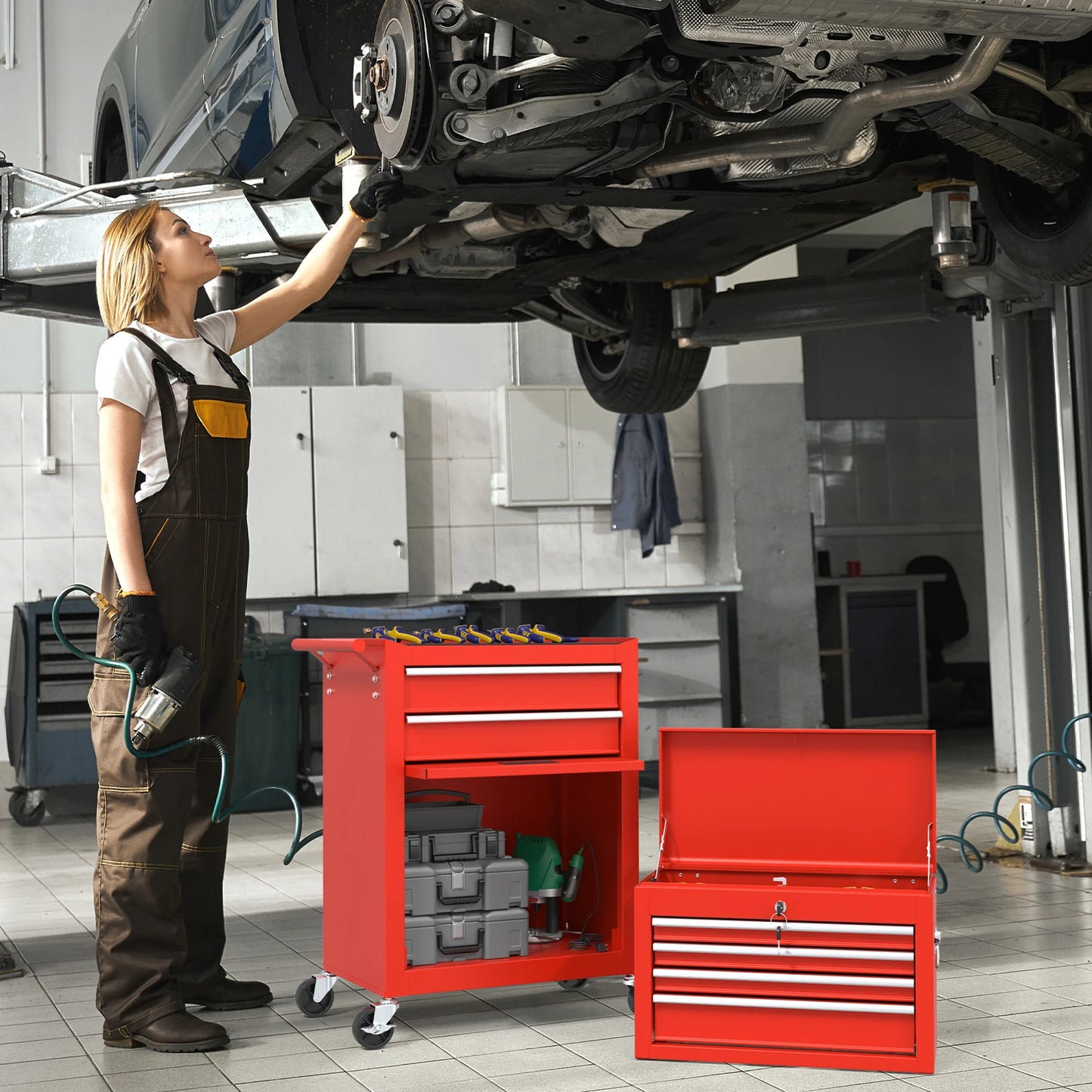 43.9 Inch 6 Drawer Rolling Tool Chest Red - Happy Home Retreat