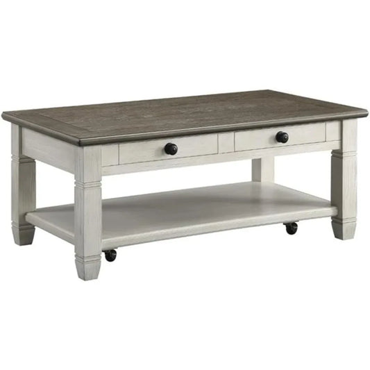 Granby Wood 2 Drawer Coffee Table in Antique White with Rosy Brown Finish - Happy Home Retreat