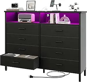 Pink Bedroom Dresser with LED Lights and Charging Station, 8 Fabric Drawers - Happy Home Retreat